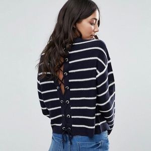 ASOS Brave Soul Stripe Lace Up Back Navy Sweater